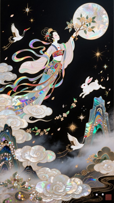 国潮，极繁主义，嫦娥衣袂翻飞奔向月亮，手中紧攥桂树枝，身边的玉兔腾空追随，周身环绕着层层叠叠的祥云与飘落的桂花雨，画面布满仙鹤、星辰、流萤等中国风元素，山水纹路在云雾中若隐若现，迷幻，意识流，黑色背景预览效果