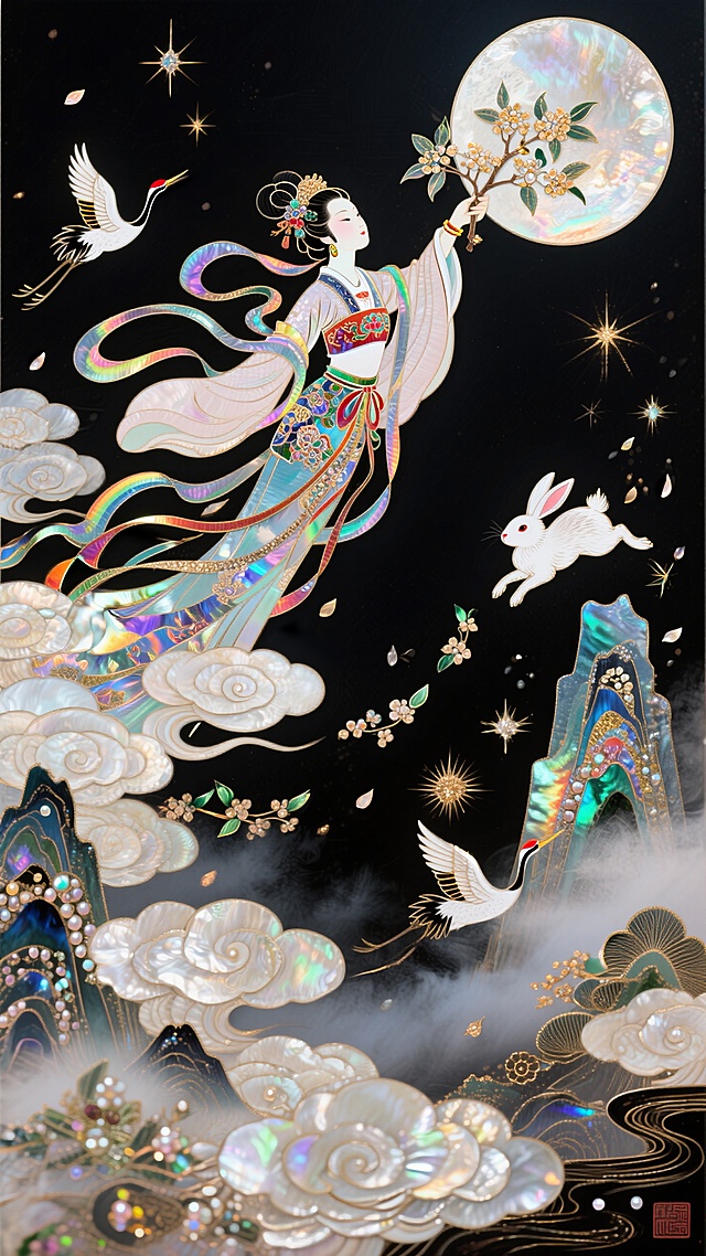国潮，极繁主义，嫦娥衣袂翻飞奔向月亮，手中紧攥桂树枝，身边的玉兔腾空追随，周身环绕着层层叠叠的祥云与飘落的桂花雨，画面布满仙鹤、星辰、流萤等中国风元素，山水纹路在云雾中若隐若现，迷幻，意识流，黑色背景。