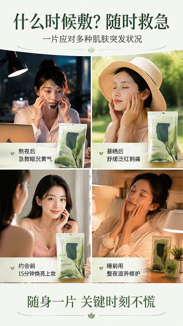 [第9屏] 详情页场景种草屏-多场景救急时刻。本屏使用【图1】产品融入各场景。
[氛围/风格] 生活场景种草风，多场景拼图，真实有代入感，商业摄影质感。
[元素布局] 画面为2x2四宫格场景拼图，每格一个使用场景：左上熬夜加班后敷面膜、右上户外暴晒后修护、左下重要场合前急救、右下睡前日常护理；每个场景中都有面膜产品出现；顶部大标题区，底部有总结文案。
[光影质感] 每个场景有独立真实光影，整体色调统一偏暖绿，生活感强。
[配色色系] 全局底色 #F5F8F2 浅米绿；主色茶绿 #6B8E5A、暖白 #FAFAF7；辅助色暖黄 #E8D9B5、浅粉 #F0D9D9。
[视角构图] 四宫格拼图布局，阅读动线顶部标题 → 四格场景 → 底部总结。
[文字版式] 顶部主标题「什么时候敷？随时救急」，深绿色大字号，副标题「一片应对多种肌肤突发状况」。四格场景各配文字：左上「熬夜后 急救暗沉黄气」；右上「暴晒后 舒缓泛红刺痛」；左下「约会前 15分钟焕亮上妆」；右下「睡前用 整夜滋养修护」。每格文字叠加在场景图下方半透明条上。底部总结「随身一片 关键时刻不慌」。
[比例分辨率] 9:16 竖版比例，4K 分辨率，文字清晰可辨，高清画质。
[负向提示词] 场景失真，产品变形，水印，文字错乱，医疗化表述，人物表情不自然。