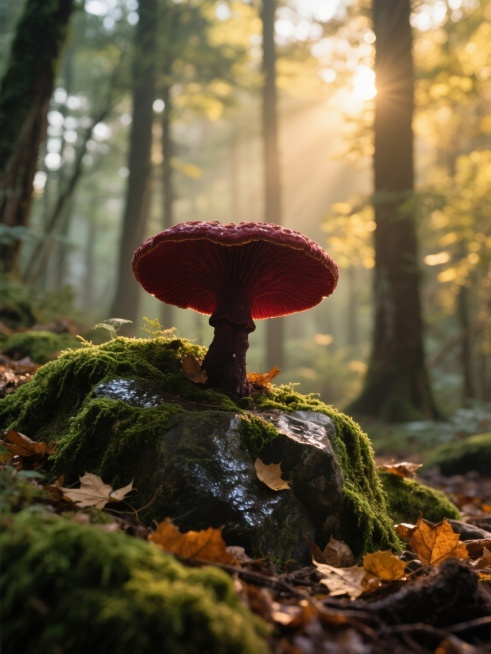 晨光穿透茂密森林的唯美场景，巨大的深红色灵芝生长在覆盖着鲜绿苔藓的岩石上，岩石表面湿润有光泽，周围散落着枯黄的落叶，背景中高大的树干和模糊的树林形成自然的景深效果，温暖的金色阳光透过枝叶洒下斑驳光影，营造出神秘而宁静的森林氛围，超写实摄影风格，高清晰度，细腻的纹理表现，自然的色彩过渡，柔和的光线，无水印预览效果