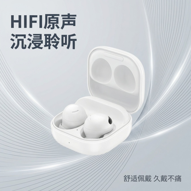 图生图，以图中白色款无线蓝牙耳机为主体，保持耳机原有磨砂质感完全不变，耳机居中展示，主体占比60%。背景为抽象科技感流动浅灰渐变线条，带微弱银白色光效，简洁高级不杂乱。画面左上角悬浮深灰色无衬线粗体主预览效果