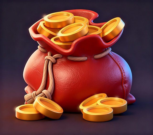 钱袋子，3d效果，皮克斯风格。皮质感，黄金金币