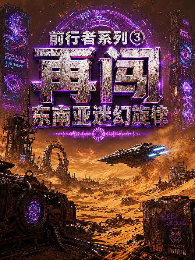 电音封面，文字为“前行者系列③再闯东南亚迷幻旋律”，风格改为沙漠废土赛博风：黄沙星球地表、锈蚀机械装置、全息投影广告牌、飞行器低空掠过，主色调赭石+霓虹紫，字体为粗粝金属质感发光字，比例3:4