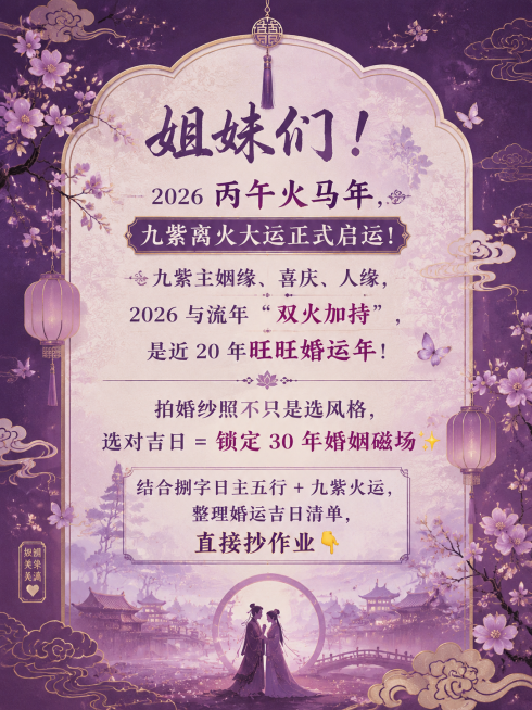 前言介绍页，比例3:4，紫色背景搭配古代传统纹路和爱情元素，文案：姐妹们！2026 丙午火马年，九紫离火大运正式启运！九紫主姻缘、喜庆、人缘，2026 与流年 “双火加持”，是近 20 年旺旺婚运年！预览效果