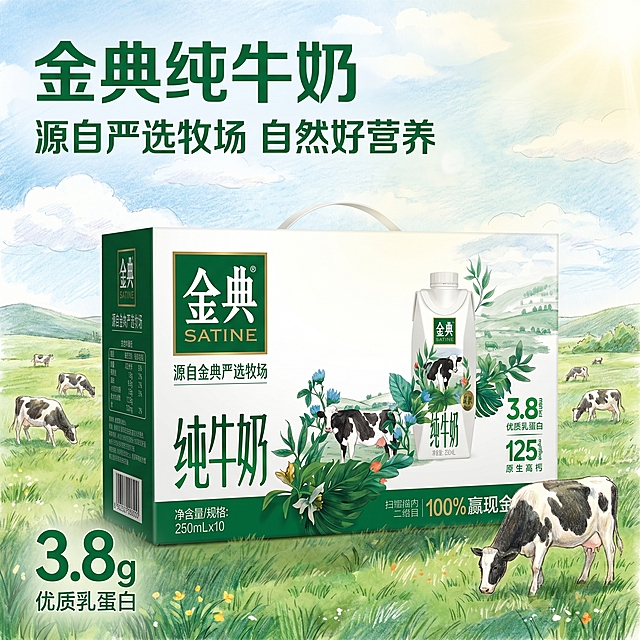 [主图 1] 金典纯牛奶产品首图。[氛围风格] 自然清新手绘牧场风格，充满新鲜健康氛围。[画质] 商业摄影质感，结合手绘质感，光线柔和通透，产品清晰真实，画面干净高级。[元素] 金典纯牛奶整箱礼盒居中展示，保持产品外观（物理结构、材质质感、颜色）与输入产品图绝对一致，杜绝任何变形和色差，精细化处理。背景替换为手绘清新绿色牧场，蓝天白云草地，远处散落几头奶牛，自然清新。商品主体占比严格控制在 60%-80% 之间，满屏无边框。[光影] 自然暖阳光线从上方斜射，柔和通透，凸显牛奶新鲜质感，明暗层次舒适，高光不溢，暗部有细节。[配色] 主色调为清新绿色和白色，搭配金色品牌文字，自然干净。[视角构图] 平视视角，景深适中，产品完整居中展示不裁切。[文字版式] 左上负空间左对齐留安全边距，主标题“金典纯牛奶”绿色粗体最大字号，副标题“源自严选牧场 自然好营养”约半高，深绿色。左下角添加核心数据“3.8g 优质乳蛋白”大号绿色数字，文字对比清晰。[比例分辨率] 1:1 比例，2K分辨率，文字清晰锐利，超高清。[负向提示词] 变形，水印，文字错乱，产品模糊，背景杂乱。