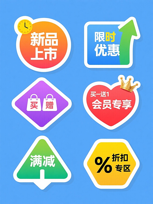 一套6个完全不同元素内容的系列素材集合，保持相同的规整排布，每个素材均为扁平风格设计，采用鲜艳的渐变色填充，边缘有白色描边，中心位置有粗体无衬线白色文字，文字带有轻微的阴影效果，整体呈现出活泼、醒目的视觉效果，背景为纯色。元素内容分别为：1. 新品上市：橙色圆形背景，右侧有绿色向上箭头，中心文字“新品”；2. 限时优惠：蓝色方形背景，左上角有黄色时钟图标，中心文字“限时”；3. 买一送一：紫色菱形背景，中间有两个白色购物袋图标，中心文字“买赠”；4. 会员专享：红色心形背景，右上角有金色皇冠图标，中心文字“会员”；5. 满减活动：绿色三角形背景，底部有白色向下箭头，中心文字“满减”；6. 折扣专区：黄色六边形背景，左侧有黑色百分比符号，中心文字“折扣”。