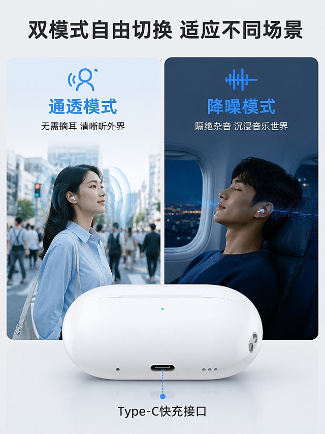 [第6屏] 双模式对比-通透模式与降噪模式双功能展示。本屏使用【图4】展示充电盒侧面细节。
[氛围/风格] 清晰对比分屏风格，浅灰背景，干净直观。
[元素布局] 画面左右分栏对比，左侧通透模式，右侧降噪模式，【图4】充电盒Type-C接口特写放在两栏中间靠下位置，占比约30%，每栏配对应场景示意图和说明文字，顶部主标题通栏。
[光影质感] 产品特写光影清晰突出接口细节，左右两栏光线均匀，文字与示意图层次分明。
[配色色系] 全局底色 #f5f5f5，左侧通透模式浅蓝主色，右侧降噪模式深蓝主色，产品白色，文字深灰。
[视角构图] 顶部标题 → 左右分栏对比 → 底部产品细节，符合从上到下手机阅读动线。
[文字版式] 顶部通栏主标题「双模式自由切换 适应不同场景」，左侧标题「通透模式」，小字「无需摘耳 清晰听外界」，右侧标题「降噪模式」，小字「隔绝杂音 沉浸音乐世界」，底部标注「Type-C快充接口」，文字大小适中，清晰不遮挡产品。
[比例分辨率] 9:16 竖版比例，4K分辨率，文字清晰可辨，高清画质。
[负向提示词] 产品变形，接口结构错误，颜色偏差，文字错乱，文字过小，对比边界模糊，水印
