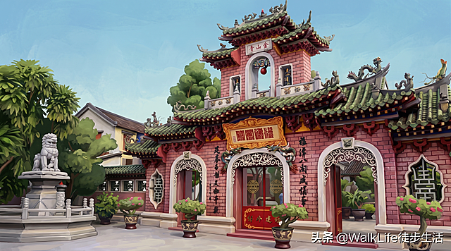 将这张中式古寺庙照片转换为3D插画风格，保留原有建筑结构、红色砖墙和整体构图，呈现精致立体的3D插画效果