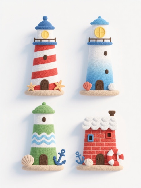 四个造型各异的卡通风格灯塔系列素材集合，保持统一的布艺纹理质感，每个灯塔均有独特设计：第一个为红白相间条纹塔身配蓝色尖顶，第二个是蓝白渐变塔身带黄色圆形窗户，第三个呈圆柱形绿白配色并装饰海浪纹样，第四个为方形红砖塔身搭配白色波浪形屋檐；所有灯塔底部均有不同样式的海洋元素装饰（贝壳、海星、锚、救生圈等），整体采用白色纯色背景，四个灯塔呈田字形规整排布，色彩明快和谐，保持一致的可爱插画风格与光影效果。预览效果