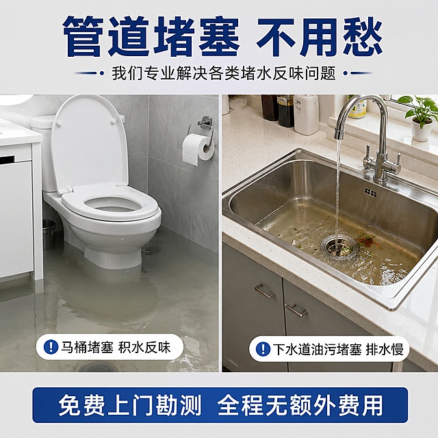 「图片1」，生成一套主图（4张），商品长沙管道疏通收费透明免费上门先报价后施工不通不收费
🔥长沙本地极速疏通｜全城快速上门，拒绝隐形消费
很多业主遇到管道堵塞问题，最怕上门乱加价、收费不透明、疏通没效果白花钱！本店深耕长沙本地管道疏通多年，专注解决家庭各类管道堵塞难题，全城免费上门勘测、先精准报价、客户确认后再施工、疏通不成功全额不收费，无任何隐形消费、无套路收费，让每一位客户消费安心、使用放心！
覆盖长沙全城各区，就近师傅派单，极速响应上门，高效解决各类下水道、管道堵塞、排水不畅、积水反味等问题，专业设备施工，不伤管道、不留隐患！

✅ 本店核心六大保障，靠谱不踩坑
- 本地极速上门：长沙全城覆盖，就近匹配专业疏通师傅，快速响应，不用久等，高效解决管道堵塞紧急问题
- 免费上门勘测：无上门费、无勘测费、无服务费，师傅上门检查堵塞原因、排查管道问题，全程免费
- 先报价后施工：现场精准告知疏通费用，明细清晰透明，客户同意价格再开工，不满意可随时取消
- 不通绝不收费：专业设备精细化疏通，若未能解决管道堵塞、排水不畅问题，全程免费，分文不取
- 无隐形消费：报价即为最终费用，无加价、无套路、无额外耗材费，所有收费公开透明
- 专业安全施工：老师傅操作，采用专业疏通设备，不伤马桶、不伤厨卫管道、不破坏家装，干净整洁完工

📌 全场景疏通服务｜家庭堵塞问题一站式解决
专注解决居家各类管道疑难堵塞，无论是轻微积水、轻微堵塞，还是顽固油污堵塞、异物卡死、管道反水、异味返溢等问题，均可高效处理，适用场景全覆盖：
- 马桶疏通：解决马桶堵水、冲水不下、积水回流、异物堵塞、马桶轻微漏水、排污不畅等各类马桶故障
- 厨房管道疏通：针对性处理厨房洗菜盆、下水管道油污堆积、饭菜残渣堵塞、排水缓慢、管道反味、积水倒流等问题，彻底清理管道陈年油垢
- 地漏疏通：卫生间、阳台、厨房地漏堵塞，解决地漏积水、毛发堵塞、淤泥堆积、排水不通、异味上返等常见问题
- 阳台管道疏通：阳台地漏、下水管道、落水管堵塞，处理积水、杂物堵塞、排水卡顿、雨天积水不畅等问题
- 下水道疏通：全屋主下水道、分支排水管堵塞、管道淤堵、水流缓慢、污水回流、管道淤积等各类下水道疑难问题

🔧 专业施工流程｜透明化服务，全程可追溯
为保障每一位客户的权益，本店统一标准化服务流程，每一步清晰透明，杜绝套路：
第一步：在线咨询下单 客户告知堵塞场景、问题情况，客服快速匹配长沙本地就近师傅
第二步：免费上门勘测 师傅准时上门，全面排查管道堵塞位置、堵塞原因、管道破损情况，全程免费
第三步：现场精准报价 根据堵塞难易程度、施工难度，给出清晰明细报价，无隐藏费用
第四步：确认施工 客户认可报价后，师傅开启专业疏通施工，全程规范操作
第五步：验收付款 施工完成后，客户现场验收，管道排水通畅、问题解决后再付款

💡 为什么选择我们？告别居家堵塞烦恼
居家管道堵塞、积水反味，不仅影响日常生活，还容易滋生细菌、产生异味、滋生蚊虫，自行疏通费时费力、容易损伤管道，普通疏通方式无法根治顽固堵塞。
本店长沙本地专业疏通团队，拥有多年实战经验，熟悉长沙小区各类管道结构，针对不同堵塞问题采用针对性疏通方案，软疏通不伤管、深度清理不残留，一次性解决管道堵塞、积水、反味、回流等所有问题。
始终坚持「免费上门、先报后做、不通不收费」的服务准则，用专业、透明、靠谱的服务，解决千家万户的管道难题！
📞 服务范围：长沙全城可上门
芙蓉区、天心区、岳麓区、开福区、雨花区、望城区、长沙县等长沙全域均可极速上门服务，24小时响应，紧急堵塞随时预约！适配淘宝/天猫平台，主图比例为1:1