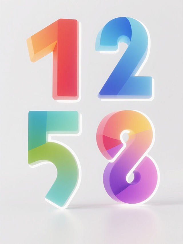 一组四个完全不同的抽象几何数字图形，每个数字采用不同的渐变色彩（如红色到橙色、蓝色到青色、绿色到黄色、紫色到粉色），保持原有的现代简约3D立体风格、平滑柔和的渐变过渡、精致的白色线条轮廓和轻微的发光效果，所有数字规整地排布在纯白色背景上，形成系列化设计素材集合。