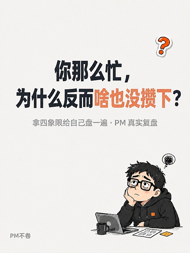 将主标题中“啥也没攒下”这五个字的颜色改为#e38d5c（暖橙色），其余主标题文字保持#2B2F36深灰色，副标题、人物插画、问号气泡、背景及其他所有元素保持不变。