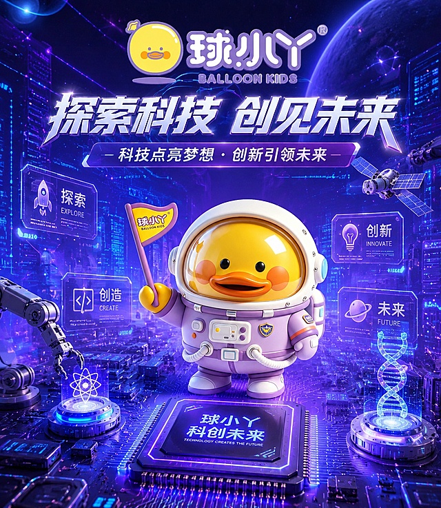 基于参考图中的球小丫IP形象（黄色小鸭宇航员、紫色宇航服、球小丫品牌标识），设计一张科创主题海报。背景融入电路板、芯片、科技线路、发光数据粒子等科创元素，整体为蓝紫科技色调，保留球小鸭IP主体和品牌感，画面充满未来科技感，2K高清海报构图