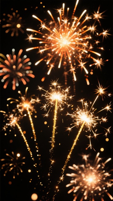 黑色背景上绽放着多种不同样式的礼花，有呈放射状炸开的金色与橙色混合礼花，光芒四射，带有明亮的火花和下坠的金色光点，还有部分礼花呈现出细长的金色光带向上喷射后散开的形态，整体光影效果强烈，烟花的燃烧质感和动态美感突出，营造出喜庆热烈的氛围，无任何文字、LOGO及二维码元素。预览效果