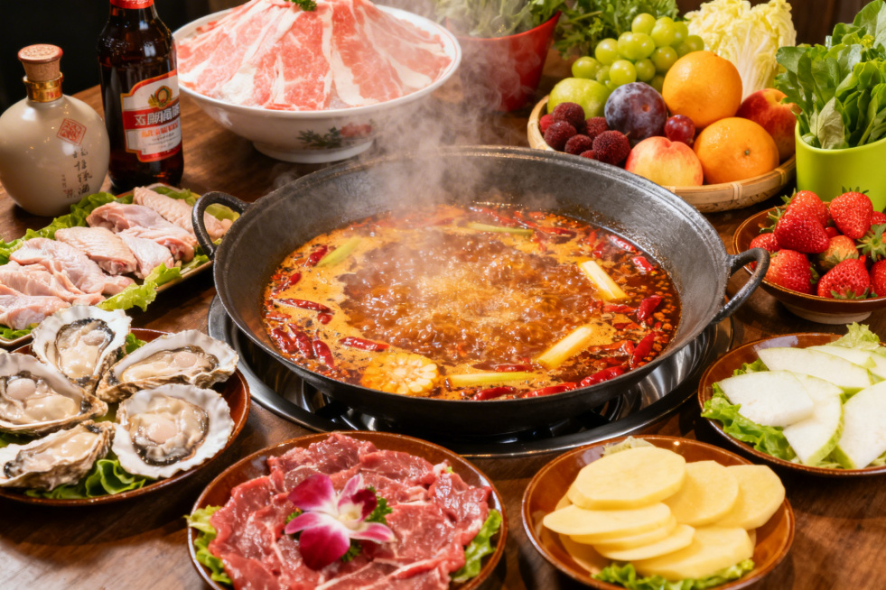 丰盛的餐桌上摆放着热气腾腾的火锅，火锅周围摆放着新鲜食材，旁边有酒水和新鲜多样的水果，整体画面丰富饱满，色彩鲜艳诱人，美食氛围浓郁预览效果