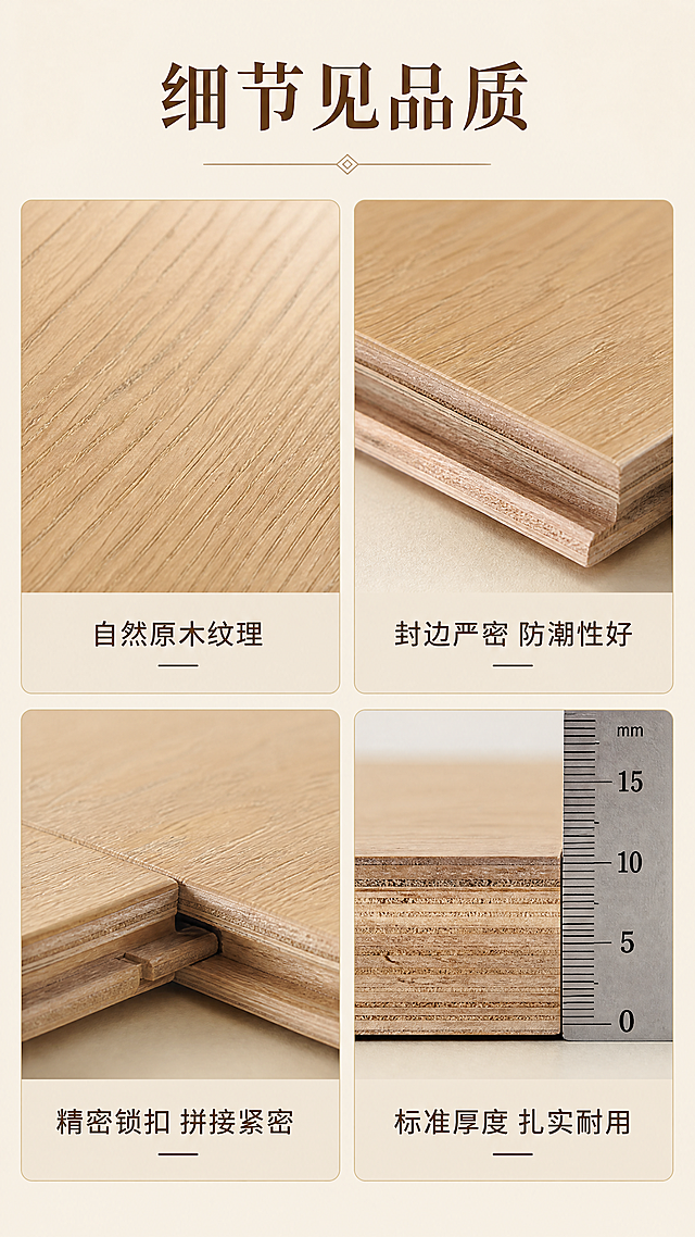 [第7屏] 细节微距展示，新三层实木复合地板细节放大。风格：微距特写，清晰质感展示。布局：顶栏主标题，下方2*2宫格，分别展示：1. 表面木纹微距特写（纹理同【图1】）；2. 侧边封边细节；3. 锁扣拼接处细节；4. 地板切面厚度。每个细节配文字说明。配色：浅米底色，保持原地板颜色一致。文字：主标题"细节见品质"，每个细节配对应说明："自然原木纹理""封边严密 防潮性好""精密锁扣 拼接紧密""标准厚度 扎实耐用"。比例9:16，4K。负面提示：细节模糊、颜色偏差、排版乱。