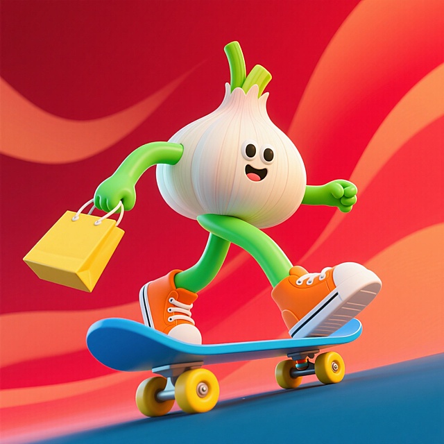 拟人的大蒜滑着滑板，手提购物袋，背景红色