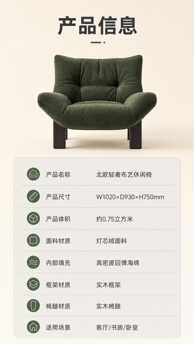 [商品] 使用【图1】墨绿色布艺休闲单人椅；保留整体造型、墨绿… - 图片创意预览