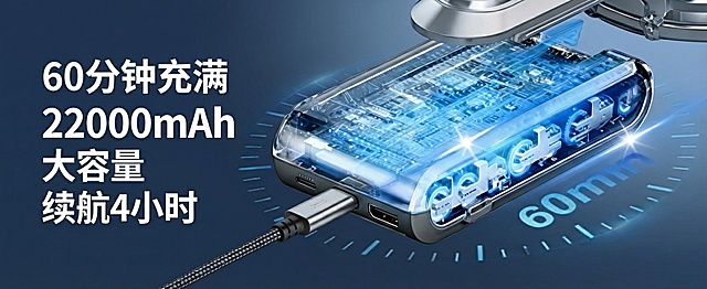 将图片中所有标题字体进一步缩小，把“22000mAh”和“大容量”合并为一行“22000mAh 大容量”，调整整体布局使其协调美观