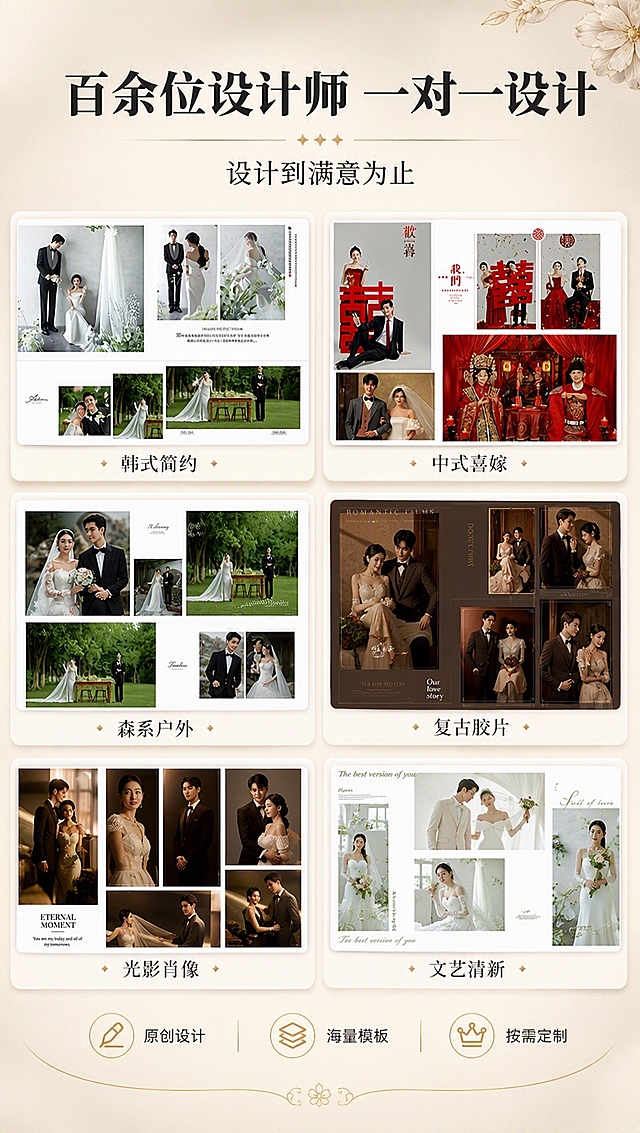 [商品] 使用【图2】【图3】【图8】相册内页设计样稿与封面合集，保留每款设计的版式结构、照片内容、字体风格、配色方案；商品处理：统一优化画面清晰度，增强排版精致度，不改变各款设计的原始布局和照片人物。
[画面] 目标：展示百款原创设计与一对一设计服务能力，强化专业定制价值。构图：上中下三层布局，顶部标题区，中部6格设计样稿拼图（2行×3列），底部服务承诺区；产品设计稿占画面约65%。前中后景：背景暖米杏色渐变+细腻纸张质感，中层设计稿卡片带轻微投影，前景顶部标题与底部装饰元素。阅读动线：从上至下，标题→设计展示→服务说明。
[视觉] 套系策略：风格=高端轻奢商业摄影风；标题字=优雅宋体粗体；正文字=现代简洁黑体；主色=暖米杏色；背景延展=暖米杏色渐变+细腻哑光纸张质感+同色深浅卡片底；强调色=香槟金，仅用于分隔线、图标和小标签；标题色=深炭黑；正文色=中暖灰；组件=细金线分隔、圆角设计卡片、优雅英文点缀；光影=均匀柔和顶光，卡片带自然投影悬浮感。
[文字] 顶部主标题「百余位设计师 一对一设计」，副标题「设计到满意为止」；中部6格展示不同风格设计样稿（韩式简约、中式喜嫁、森系户外、复古胶片、光影肖像、文艺清新），每格下方标注风格名称；底部小字「原创设计 海量模板 按需定制」。所有文字横排，不遮挡设计稿主体人物。
[规格] 淘宝/天猫详情页，单屏比例9:16竖版，4K分辨率，负向提示：避免变形、错字、文字过小、竖排文字、冷蓝背景、设计稿人物失真、杂乱元素。