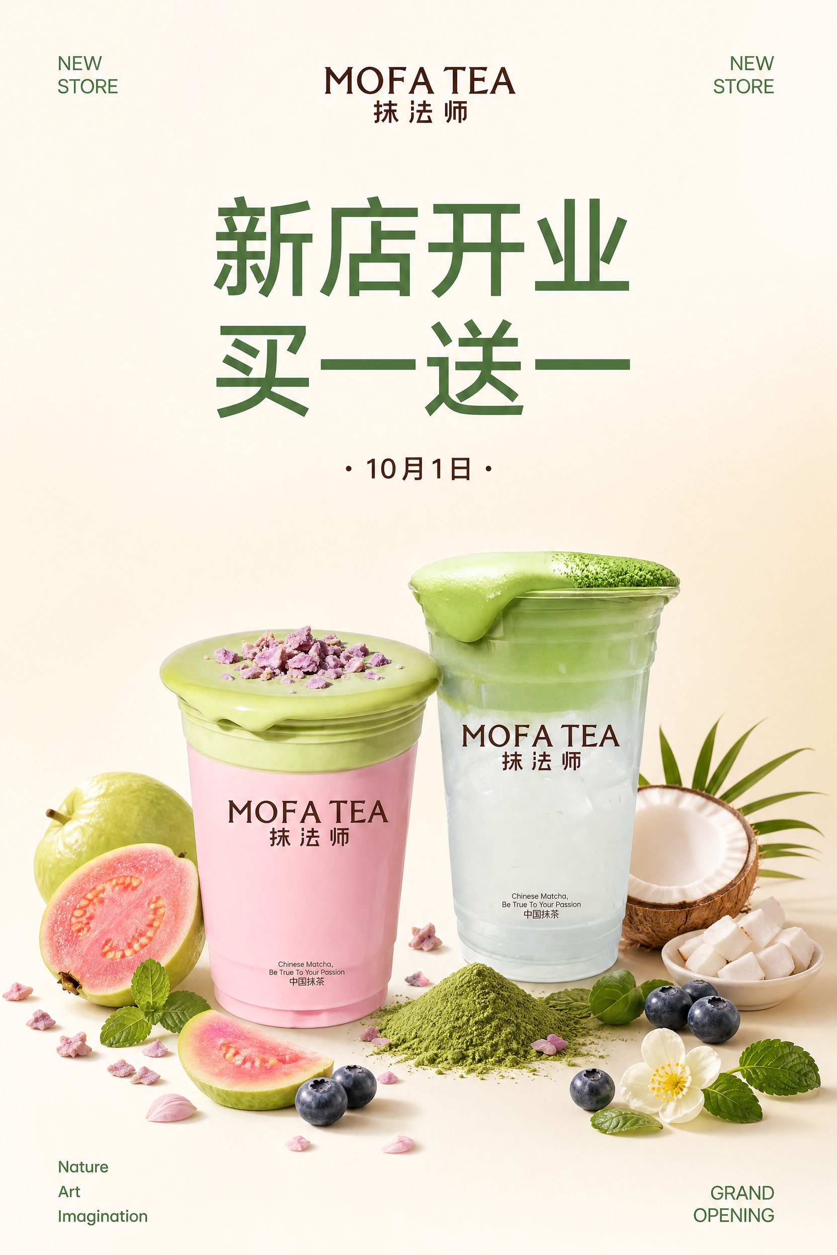 抹法师MOFA TEA新店开业海报，完全参考奈雪风格：纯净奶白… - 图片创意预览