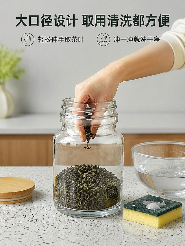 [第5屏] 人物操作展示页，厨房场景中女性手从玻璃罐取茶叶，展示大口径易取放易清洗特点。本屏使用【图3】作为产品主体，保留产品原有结构形状透明材质不变。[氛围/风格] 真实生活化厨房场景，自然温馨，清爽干净。[元素布局] 玻璃罐放在厨房水磨石台面上，罐内装有茶叶，一只手伸入罐内取茶叶，展示大口径设计方便操作，旁边放着清洗用的海绵和清水，演示易清洗特点，人物手部自然动作，产品占画面约60%，背景为浅灰色厨房墙面，保留产品结构形状不变。[光影质感] 厨房柔和自然光，明暗自然，产品通透清晰，手部动作自然不遮挡产品。[配色色系] 全局底色 #E8F0EF，主色水磨石浅灰，辅助色木色台面，干净清新。[视角构图] 中景平视构图，突出操作过程。[文字版式] 顶部标题 "大口径设计 取用清洗都方便"，配两个卖点："轻松伸手取茶叶 " "冲一冲就洗干净"，文字在顶部，不遮挡操作和产品主体，字体清晰易读。[比例分辨率] 3:4 竖版比例，4K分辨率，文字清晰可辨，高清画质。[负向提示词] 产品变形，手部结构错误，文字模糊，背景杂乱
