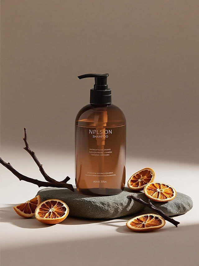 商业静物摄影。主体放在错落的石块上，旁边散落几个切开的陈皮和乌木枝点缀，浅棕色背景。简约高级的商业打光。