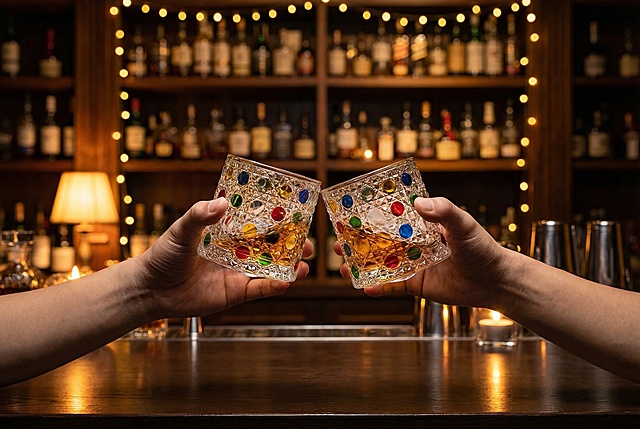 生成一张两个人手拿着酒杯在酒吧碰杯的场景图
