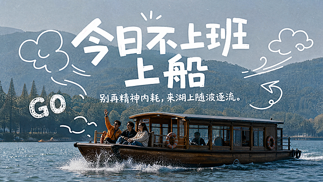 参考这张图的混合媒介风格重新生成全新画面：真实场景摄影感 + 白色手绘涂鸦式文字叠加，低饱和灰蓝冷色调、轻微胶片颗粒、柔和自然光，画面中保留一个高饱和暖色点缀（如船体或人物的亮色）。新画面内容：日间湖面上一艘木质观光游船正缓缓驶过，船头泛起白色水花，船上坐着几位放松的年轻人，有人挥手、有人望向前方，远处是朦胧的青山和湖岸树影，湖面波光粼粼，氛围自由治愈、松弛惬意。画面以游船为主体，采用横版 2:1 宽幅构图。叠加白色手写涂鸦风格标题文字，主标题居中大字号分两行：“今日不上班 上船”，副标题位于主标题下方：“别再精神内耗，来湖上随波逐流。”，标题周围加白色手绘云朵、气流线、箭头、“GO”等涂鸦装饰元素，字体笔画粗犷随性、错落有致，文字清晰醒目、拼写准确。