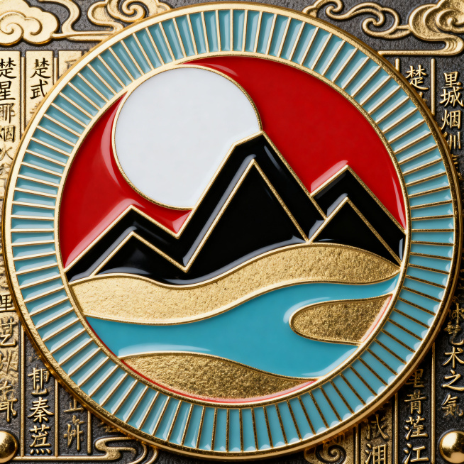 长沙城市抽象文化徽章设计，正圆形珐琅金属徽章，严格中心对称构图，三环嵌套精致结构，内环圆形留白象征橘子洲，中环层叠几何折线代表岳麓山，流动柔和曲线代表湘江，外环细密放射线条象征星城烟火气与媒体艺术之都预览效果