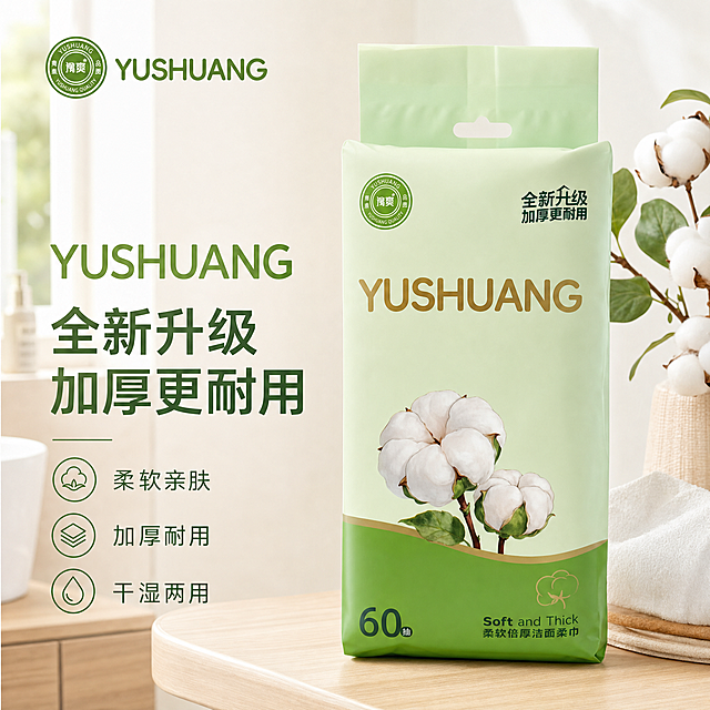 [单张主图] 豫爽柔软倍厚洁面柔巾，高级氛围感主图，突出全新升级加厚更耐用卖点，适配拼多多平台。保持产品外观（物理结构、材质质感、颜色）与输入产品图绝对一致，杜绝任何变形和色差，精细化处理。画面风格为家居治愈风。采用左文右物场景型版式，左侧保留大面积留白，放品牌YUSHUANG、中文主标题「全新升级 加厚更耐用」、2-3条短卖点，产品放右侧放大，产品占比约55%，底部用浅原木色台面承托，背景为浅米白温馨干净的家居浴室角，右侧点缀真实棉花枝叶做装饰。左上角安全区保留原品牌Logo，字形、颜色、比例与原产品一致。商业摄影质感，自然柔和窗边自然光，浅景深，清晰通透，产品真实干净。主色调浅绿+米白+原木色，低饱和配色，字体选用轻无衬线，字重克制，留白充足。1:1比例，文字清晰可辨，超高清。负向提示词：变形，水印，文字错乱，产品图模糊，背景杂乱，主体遮挡，错字，伪Logo。
