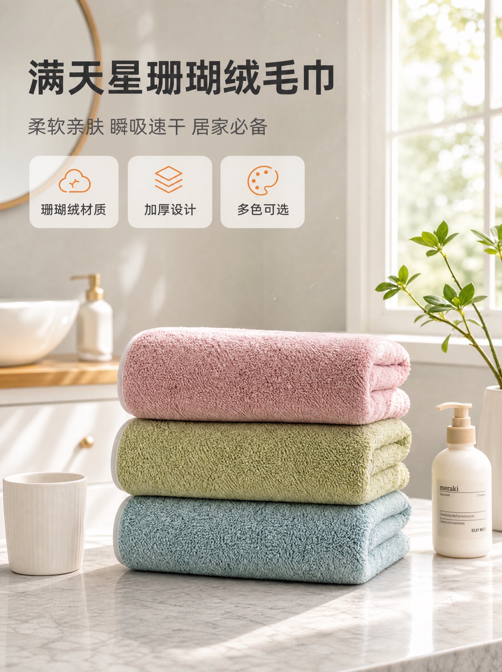 [详情-1] 满天星珊瑚绒毛巾氛围头图，居家浴室场景产品全貌，… - 图片创意预览