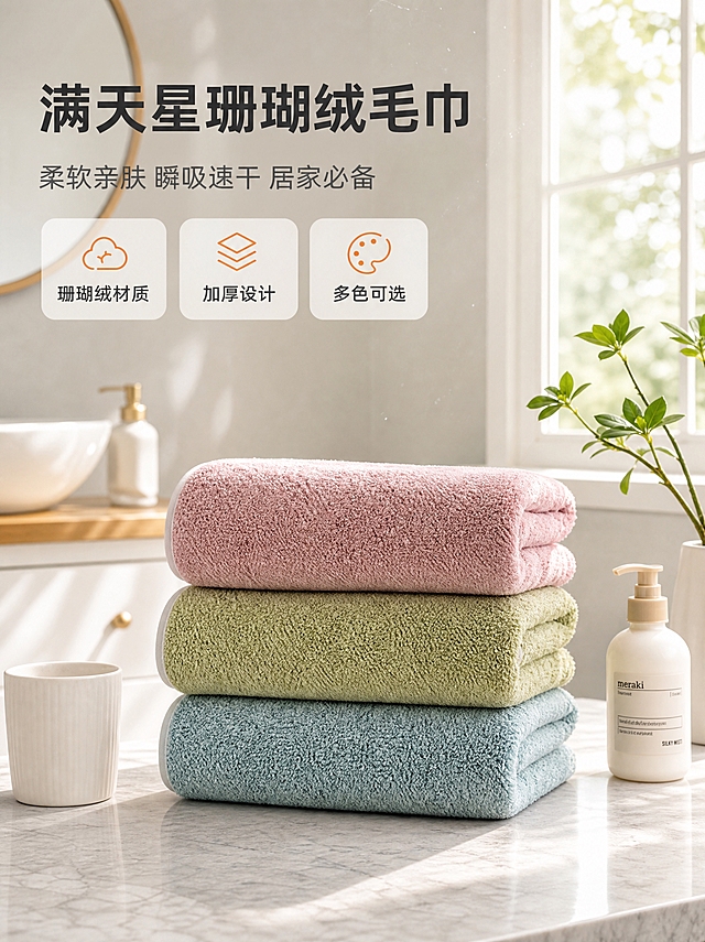 [详情-1] 满天星珊瑚绒毛巾氛围头图，居家浴室场景产品全貌，建立第一印象，1688 B端品质感。
[统一基调] 温馨居家暖调风格，整体为北欧风浴室场景，主光源为窗边自然光+室内暖光补光，柔和阴影，字体为现代无衬线粗体，标题字深炭灰色，辅助字中灰色，强调色暖橙色，组件为圆角浅底信息卡。
[画面] 画面为竖版3:4比例的北欧风浴室场景。前景是浅灰色大理石台面，上面整齐叠放着三条满天星珊瑚绒毛巾（豆沙粉、抹茶绿、雾霾蓝），毛巾蓬松柔软，绒面质感细腻。台面上还搭配一个白色陶瓷漱口杯、一小瓶沐浴露和一株绿色小植物作为氛围道具。中景是白色浴室柜和圆形镜子的局部。背景是浅灰色墙面和一扇窗户，透进柔和的自然光，有轻微的光斑和尘埃效果。毛巾主体占画面45%，位于画面中下区域。整体氛围温馨舒适，有生活气息。
[光影质感] 商业摄影质感，自然光从右侧窗户照入，形成柔和的明暗层次，毛巾绒面有自然的光泽变化，底部有真实的接触阴影，整体通透有氛围感。
[配色] 主色浅灰+白色+原木色，毛巾粉绿蓝三色点缀，标题深炭灰，强调色暖橙，整体清新温馨。
[文字版式] 画面左上区域主标题大字"满天星珊瑚绒毛巾"，下方副标题"柔软亲肤 瞬吸速干 居家必备"，再下方三个小卖点横向排列："珊瑚绒材质"、"加厚设计"、"多色可选"。文字放在左上负空间，不遮挡毛巾主体。
[输出要求] 3:4竖版，2K分辨率，文字清晰可读，产品清晰锐利，毛巾颜色和材质与原图一致，禁止变形、错字、模糊、水印、平台Logo。