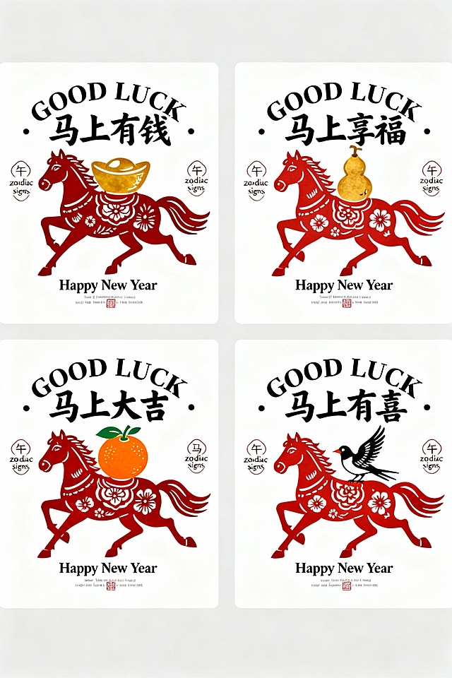 剪纸风马年贺图，红金双色设计，融合皮影元素与轻拟物手法，喜庆中式国潮风，寓意马上有钱、享福、大吉、有喜，传递新春祝福。