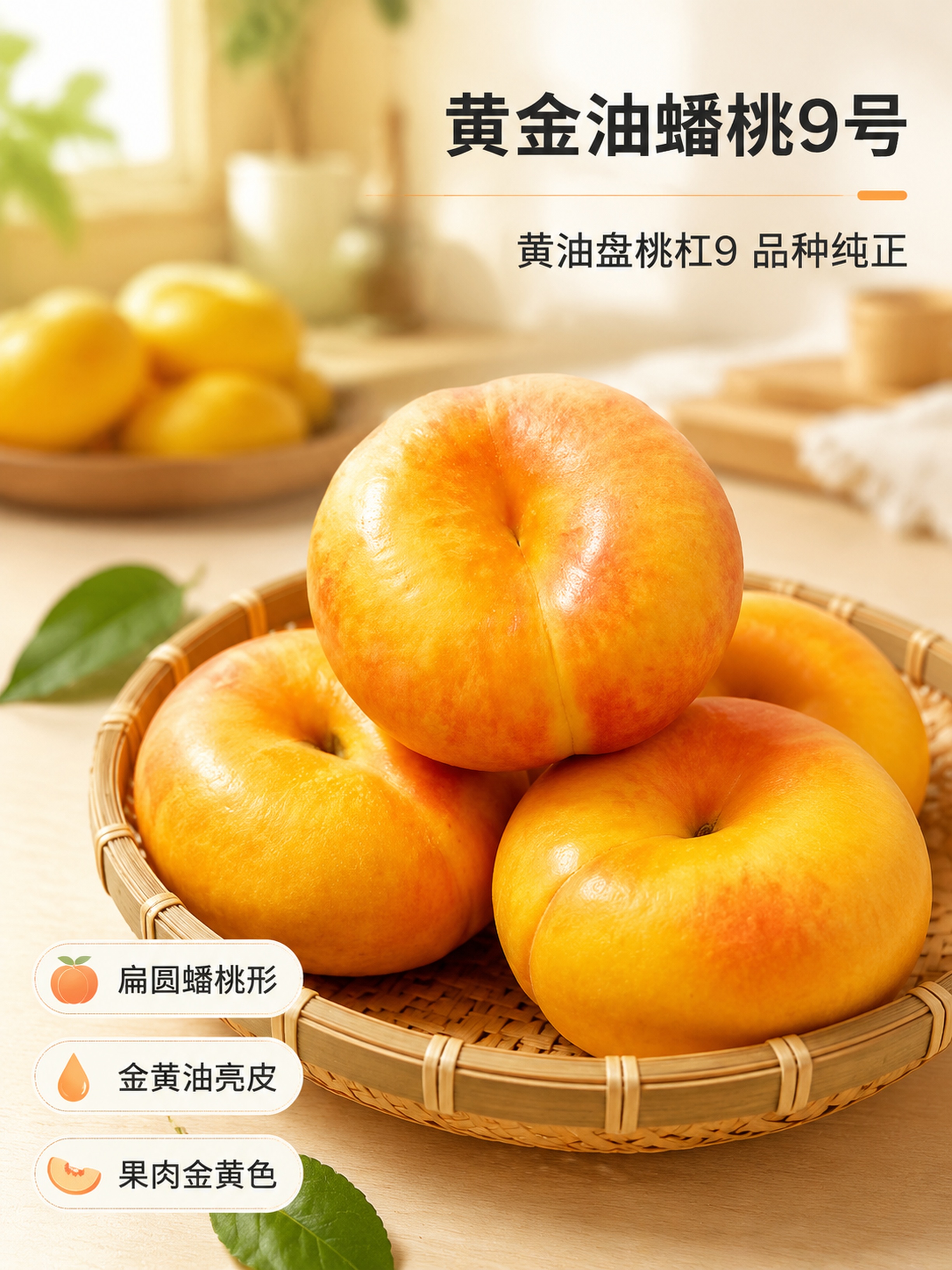 [第3屏] 品种介绍-黄金油蟠桃9号外观特征。本屏使用【图4】… - 图片创意预览
