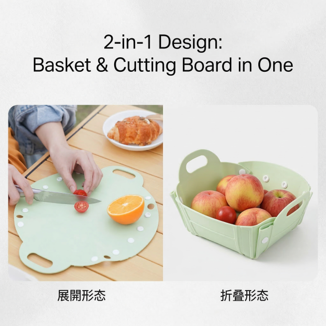 800×800px亚马逊风格电商详情页2，浅青绿色多功能便携式折叠篮，保持原图产品结构和造型，画面展示展开作为砧板的使用形态和折叠作为收纳篮的形态对比，突出2合1多功能特性，背景为简约高级的浅灰色质感预览效果