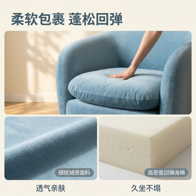 基于「图片1」，生成一套主图（3张），商品为单人沙发，商品核心卖点是圆润包裹式造型，坐垫可拆洗，氛围/风格是舒适简约、家居治愈，适配淘宝/天猫平台，主图比例为1:1预览效果