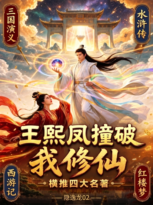 修改这张小说封面：1. 将标题中的'王熙凤撞破我修仙'五个字？不对，原标题是'王熙凤撞破我修仙'，要求将整个标题缩小30%；2. 在封面最底部、宫殿和松树下方的深色区域，正中间位置添加文字：—— 隐逸预览效果