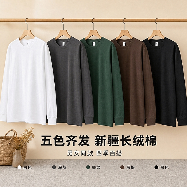 [主图-6] 主题：五色全系列产品陈列 展示丰富选择与品质感。
[统一基调] 抖音风格 场景化 高清实拍 松弛高级感 柔和时尚摄影光 生活化 纯色肌理背景 整体色调干净明亮。
[画面] 五件不同颜色的圆领长袖T恤整齐陈列在简约衣架上 从左到右依次为：白色 深灰色 墨绿色 深棕色 黑色。衣架为简约原木色 挂在浅米色墙面上的挂衣杆上。衣服自然垂挂 版型挺括 面料呈现新疆棉质感。下方地面铺浅灰色地毯 旁边放置一个简约藤编篮子和一小束干花作为装饰 增加生活气息。画面为正面平视角度 五件衣服完整展示 颜色对比鲜明 视觉冲击力强。
[光影质感] 柔和正面光+顶光 衣服面料呈现自然棉感纹理 垂坠感自然 衣服下方有柔和接触阴影 整体光影均匀 质感高级。
[配色] 背景主色浅米色 五色衣服白 灰 绿 棕 黑 装饰元素原木色+浅灰 整体色调和谐高级 温暖干净。
[文字版式] 画面底部中央大字："五色齐发 新疆长绒棉"，字体粗体无衬线 深黑色。下方小字："男女同款 四季百搭"。画面右下角标注颜色名称 对应每件衣服位置。
[输出要求] 比例1:1 衣服颜色准确 版型清晰 文字清晰可读 无变形 无错字 无模糊 无杂乱 无水印 无平台Logo 衣架和衣服悬挂关系自然 无悬浮感。