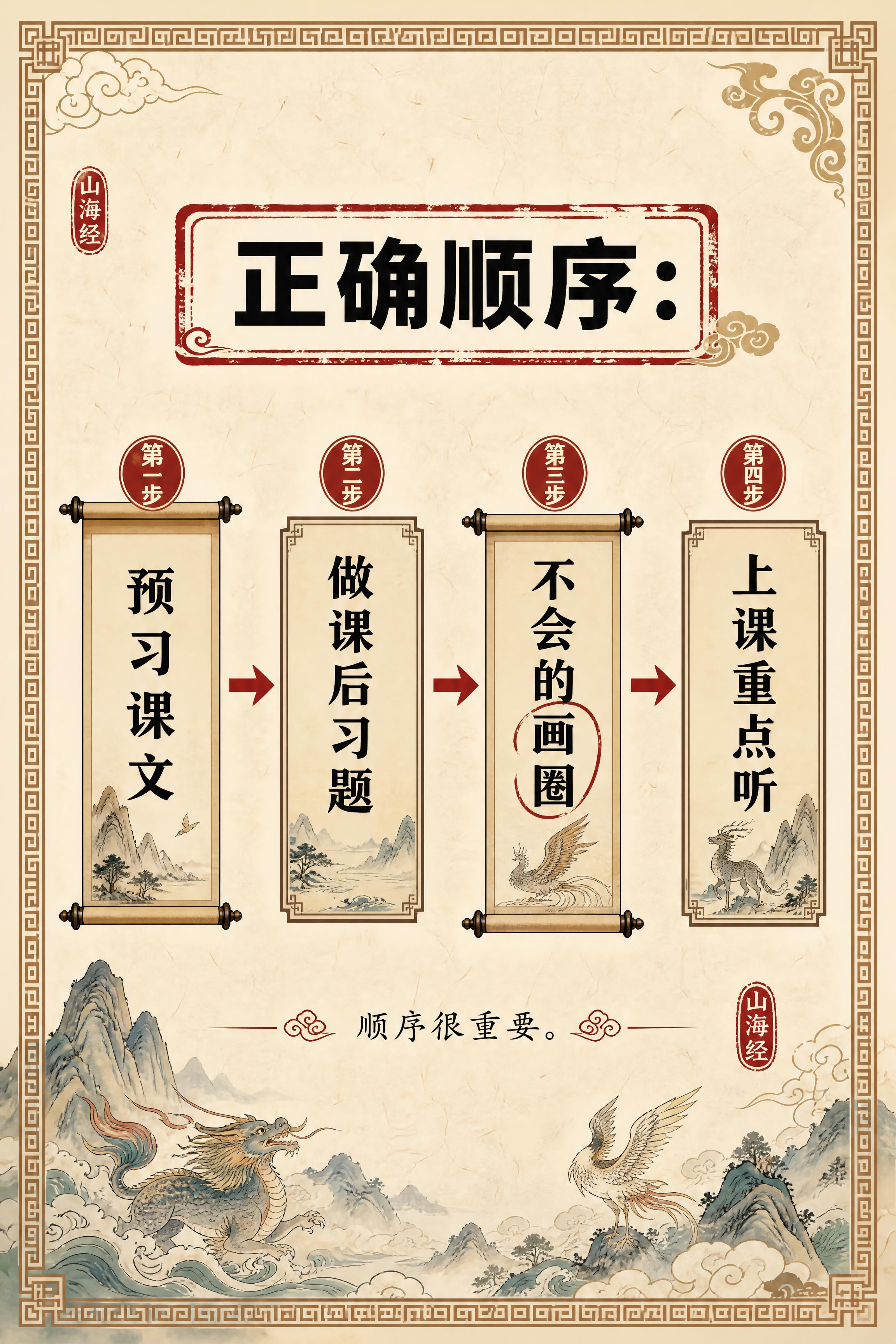小红书笔记内页，流程图，国风山海经风格，米黄色宣纸纹理背景、回… - 图片创意预览