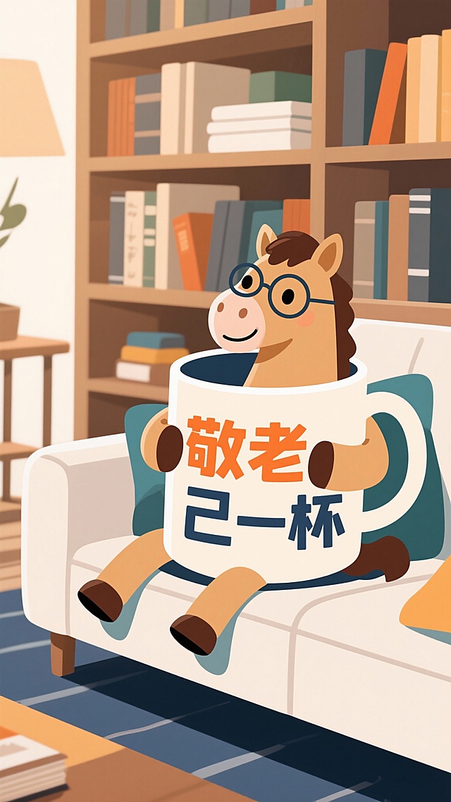 现代平面设计风格海报，一只古灵精怪的动画马惬意地窝在沙发里，戴着眼镜，前蹄捧着一个印有超大艺术字体“敬老己一杯”的马克杯（字体融入杯身设计）。柔和的居家光线，背景书架。整体色彩温暖（米白、木色、暖灰），字体醒目（橙色或深蓝），线条简洁，生活感与设计感兼具。构图平实，突出杯子和文字。 --no childish, flat illustration, pure text