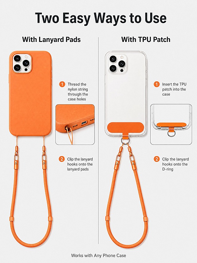[主图-4] Universal Crossbody Phone Lanyard，场景/使用方式图，主题为Two Ways to Use，展示两种使用安装方式。
[统一基调] 亚马逊跨境克制信息图风格，浅冷灰色背景，英文文案，无衬线字体，标题深灰色，辅助文字中灰色，强调色橙色，圆角分区版式，视觉与前图统一。
[画面] 画面采用左右两栏分区布局，展示两种使用方式。左栏上方标题"With Lanyard Pads"，下方展示使用猫头挂绳伴侣的方式：手机壳底部两个角各穿入一个猫头挂绳伴侣的尼龙鱼丝线，挂绳两端挂钩分别扣在两个挂环上，手机竖直悬挂，挂绳自然垂下；旁边有一个步骤小插图展示鱼丝线穿过手机壳充电口附近的细节。右栏上方标题"With TPU Patch"，下方展示使用TPU夹片的方式：透明手机壳内部夹着橙色TPU夹片，D形环从充电口露出，挂绳两端挂钩都扣在D形环上，手机竖直悬挂；旁边有一个小插图展示TPU夹片夹在手机壳中间的剖面示意。两栏中间用细灰色竖线分隔。画面底部有一行小字说明"Works with Any Phone Case"。
[光影质感] 影棚产品摄影质感，手机和挂绳摆放自然，连接方式清晰可见，光影柔和统一。
[配色] 浅冷灰背景 + 橙色产品 + 深灰标题 + 中灰说明文字 + 白色手机/透明手机壳，两栏视觉平衡。
[文字版式] 主标题"Two Easy Ways to Use"位于画面最顶部居中，粗体深灰大号字。左右两栏各有一个栏目标题，粗体深灰中号字，位于各栏顶部。底部说明文字为小号中灰色。所有文字横排，无逗号。
[输出要求] 3:4竖版比例，两种方式对比清晰，连接结构真实可信，文字清晰，无变形、无错字、无模糊、无水印。