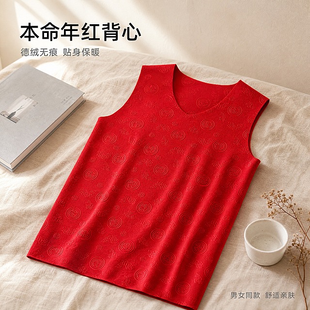 [主图-2] 本命年红色福字印花V领无袖背心 简约质感生活风主图。
[统一基调] 简约质感生活风格，整体以暖米色、浅灰色和正红色为主色调，营造居家舒适、品质生活的氛围，字体采用简洁现代的无衬线字体，黑白灰配色，整体画面干净、高级、有温度。
[画面] 产品为本命年大红色V领无袖背心，衣身布满暗纹压花的圆形福字和祥云图案，男女同款。背心自然平铺在浅米色亚麻质感的床品上，呈45度角斜放，位于画面中央，占画面约60%比例。旁边搭配简约的家居道具：左上角放一本浅灰色封面的书，右下角有一个白色陶瓷小杯和一枝干花，背景是浅米色的墙面和淡淡的光影。背心面料呈现柔软亲肤的德绒质感，福字压纹清晰可见，红色纯正温暖。整体是生活方式摆拍，传递贴身舒适、居家温暖的感觉。
[光影质感] 自然光窗边摄影质感，柔和的自然光从左侧照入，在背心上形成自然的明暗层次，突出面料的柔软质感和压纹细节，阴影柔和不生硬，整体色调温暖舒适，有居家生活的真实感和温度。
[配色] 主色：正红色、暖米色、浅灰色；点缀色：白色、原木色；背景：浅米色墙面+亚麻床品。整体色调温暖柔和，红色成为视觉焦点但不突兀。
[文字版式] 画面左上角简洁排版，主标题大字"本命年红背心"，黑色现代无衬线粗体，下方小字副标题"德绒无痕 贴身保暖"，深灰色细体，字号约为主标题的一半。底部右下角有"男女同款 舒适亲肤"小字说明，浅灰色。文字简洁干净，不遮挡产品主体。
[输出要求] 1:1正方形比例，2K高清画质，产品清晰锐利，面料质感真实，文字清晰可读，无变形，无错字，无水印，无平台Logo，无多余杂物，画面干净整洁。