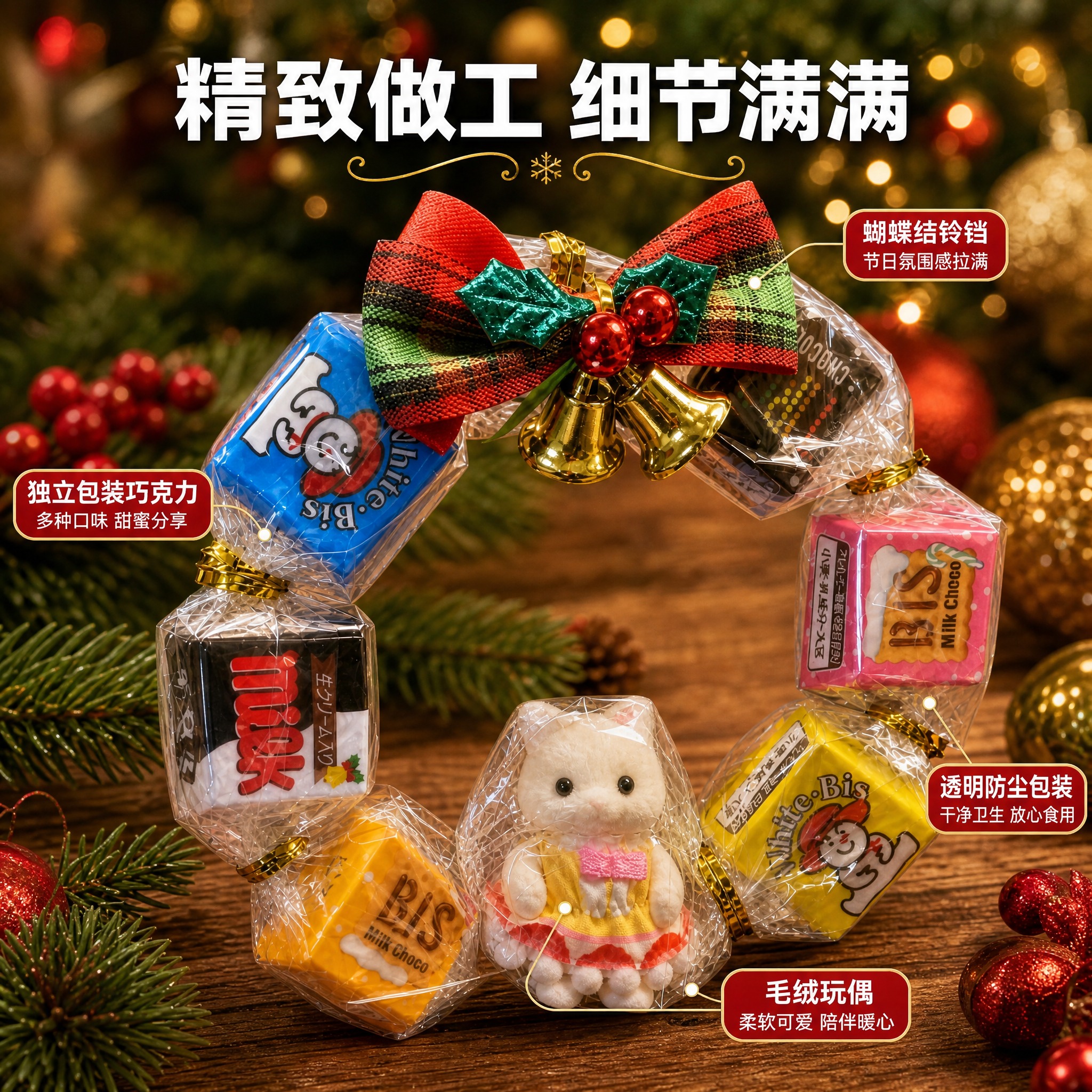 [主图-2] 圣诞巧克力花环细节展示图，突出产品精致做工与材质… - 图片创意预览