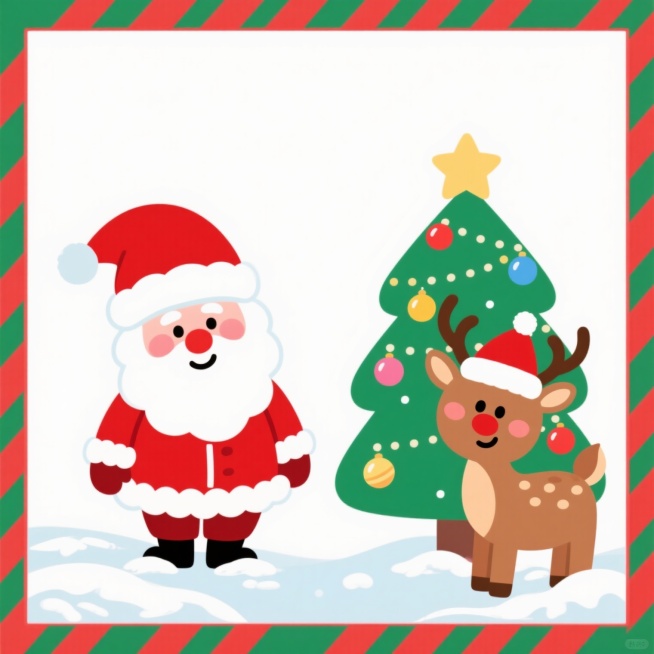 圣诞节主题背景，白色主色调，左侧有戴着红色圣诞帽、穿着红色外套和白色毛边的卡通圣诞老人，右侧有戴着红色圣诞帽的卡通驯鹿和装饰着彩球、星星的绿色圣诞树，边缘有红色和绿色相间的条纹边框，底部有白色的积雪装饰，整体风格为可爱卡通，画面简洁，适合作为节日海报背景，无文字信息。预览效果