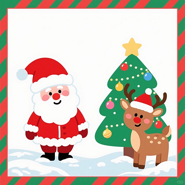 圣诞节主题背景，白色主色调，左侧有戴着红色圣诞帽、穿着红色外套和白色毛边的卡通圣诞老人，右侧有戴着红色圣诞帽的卡通驯鹿和装饰着彩球、星星的绿色圣诞树，边缘有红色和绿色相间的条纹边框，底部有白色的积雪装饰，整体风格为可爱卡通，画面简洁，适合作为节日海报背景，无文字信息。