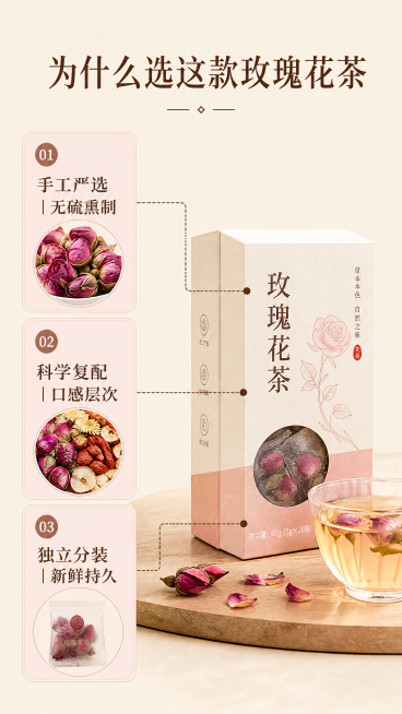 [第6屏] 玫瑰花茶核心卖点拆解屏。
[氛围/风格] 清晰信息排版，简约自然，保持整体风格统一。
[元素布局] 中心位置放置产品缩略图，三条卖点向外引线标注，每一个卖点搭配小的原料图标，左侧文字，右侧预览效果