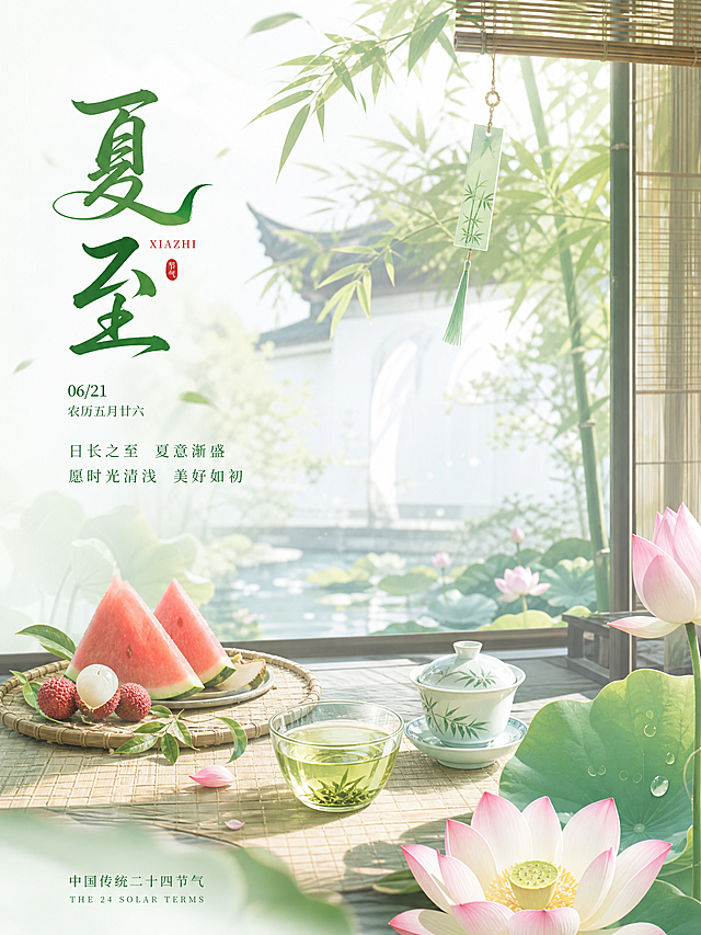 夏至：图片清新淡雅，包含西瓜、茶、荔枝、荷花等元素。