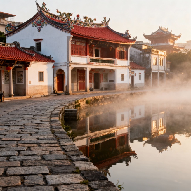 生成五张图片：图片1：揭阳潮汕古城风光
 
提示词：写实摄影风格，广东揭阳潮州古城，青石板路，骑楼古厝，红瓦白墙，潮汕嵌瓷工艺装饰的屋檐，清晨薄雾，阳光斜照，水面倒映古建筑，细节丰富，8K分辨率，超广预览效果