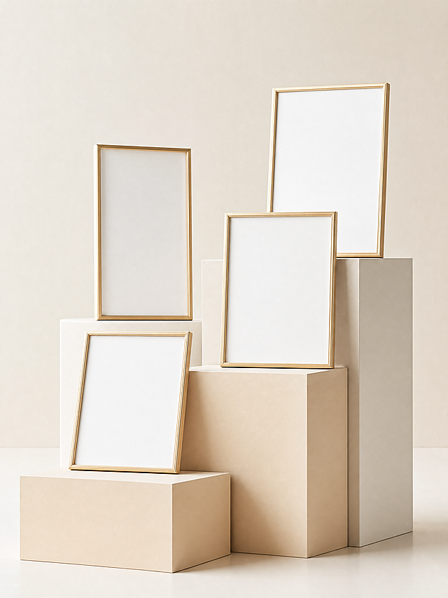 achievements,A minimalist photograph showcasing four empty,rectangular picture frames with thin,gold-painted wooden edges. The frames are arranged in a staggered pyramid formation atop a beige,cube-shaped pedestal. The background is a soft,off-white color,enhancing the clean and modern aesthetic. The frames are evenly spaced,with two frames leaning against the pedestal and two standing upright. The image exudes a sense of simplicity and elegance.